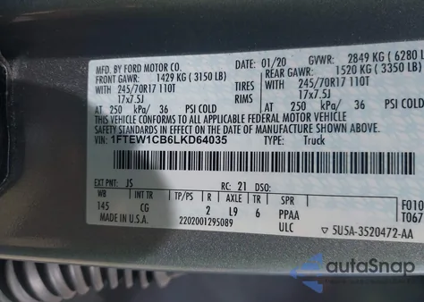 2020 Ford F-150 Xl из США, поврежденный, VIN 1FTEW1CB6LKD64035